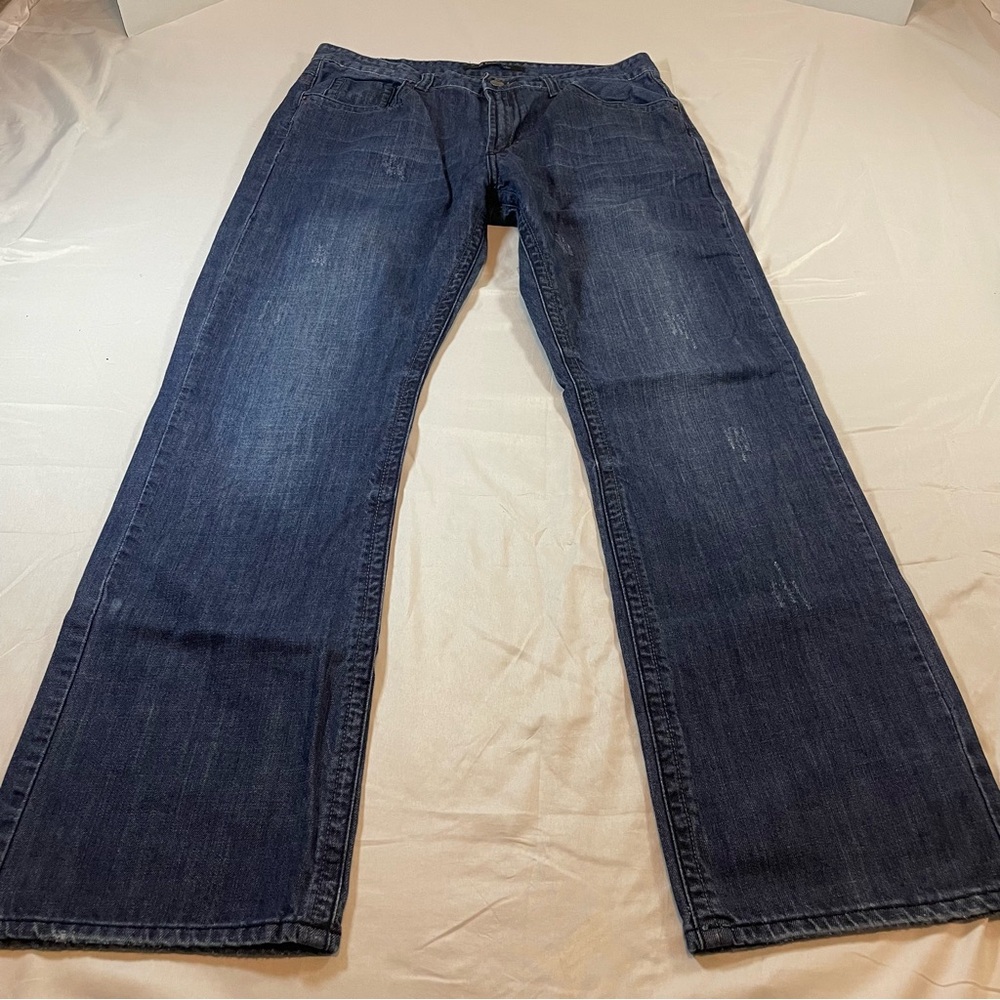 Carbon Black Mens Straight Leg Jeans 36x34 Dark Wash Blue Denim Embroidered Flap